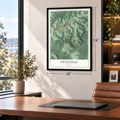 Owingsville, Kentucky map, 18 x 24 inch print in a black frame in a home office