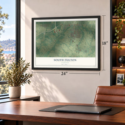 South Fulton, Tennessee map, 18 x 24 inch print in a black frame in a home office