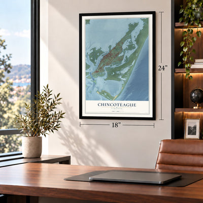Chincoteague, Virginia map, 18 x 24 inch print in a black frame in a home office