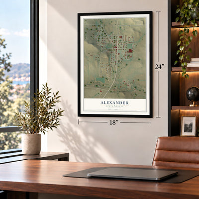 Alexander, North Dakota map, 18 x 24 inch print in a black frame in a home office