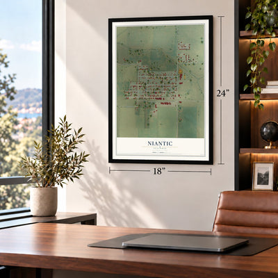 Niantic, Illinois map, 18 x 24 inch print in a black frame in a home office