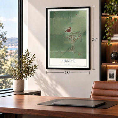Henning, Illinois map, 18 x 24 inch print in a black frame in a home office