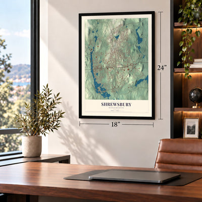 Shrewsbury, Massachusetts map, 18 x 24 inch print in a black frame in a home office