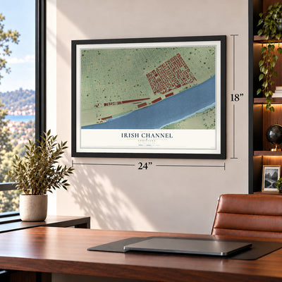 Irish Channel, Louisiana map, 18 x 24 inch print in a black frame in a home office