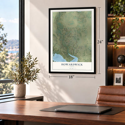Howardwick, Texas map, 18 x 24 inch print in a black frame in a home office