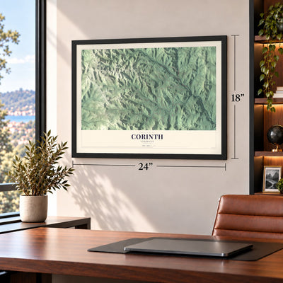 Corinth, Vermont map, 18 x 24 inch print in a black frame in a home office