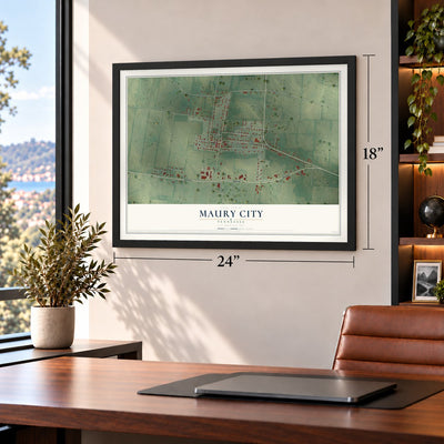Maury City, Tennessee map, 18 x 24 inch print in a black frame in a home office