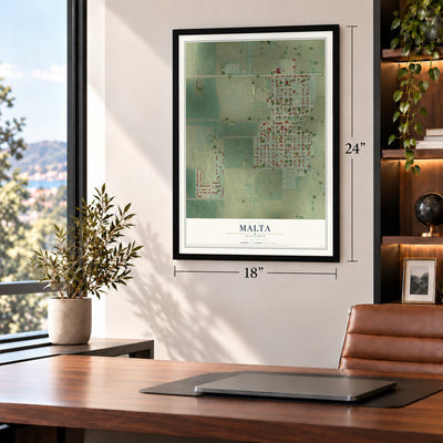 Malta, Illinois map, 18 x 24 inch print in a black frame in a home office