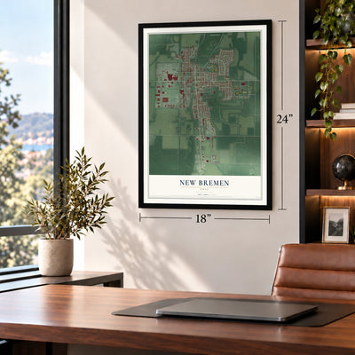 New Bremen, Ohio map, 18 x 24 inch print in a black frame in a home office