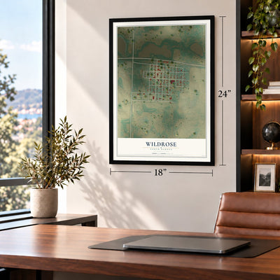 Wildrose, North Dakota map, 18 x 24 inch print in a black frame in a home office