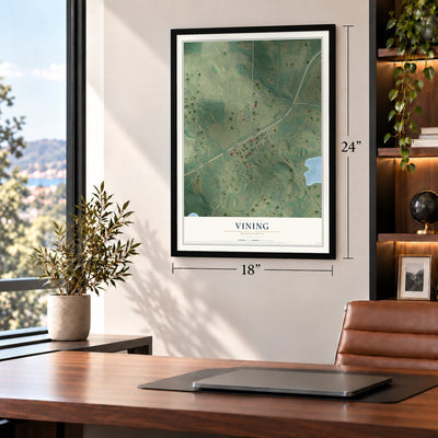 Vining, Minnesota map, 18 x 24 inch print in a black frame in a home office