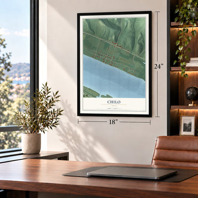 Chilo, Ohio map, 18 x 24 inch print in a black frame in a home office