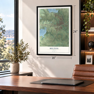 Belton, Texas map, 18 x 24 inch print in a black frame in a home office