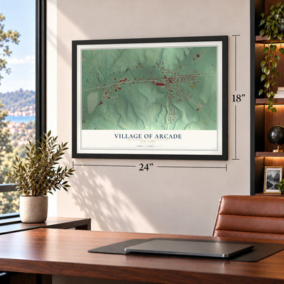 Village of Arcade, New York map, 18 x 24 inch print in a black frame in a home office