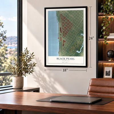 Black Pearl, Louisiana map, 18 x 24 inch print in a black frame in a home office