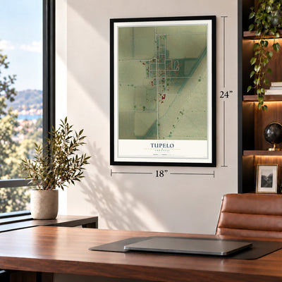 Tupelo, Arkansas map, 18 x 24 inch print in a black frame in a home office