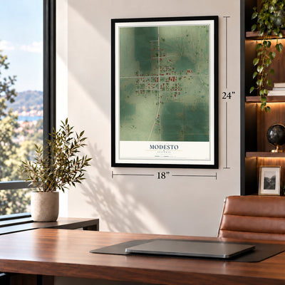 Modesto, Illinois map, 18 x 24 inch print in a black frame in a home office