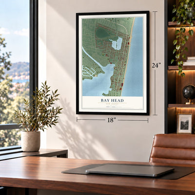 Bay Head, New Jersey map, 18 x 24 inch print in a black frame in a home office