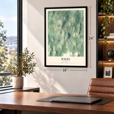 Wales, Massachusetts map, 18 x 24 inch print in a black frame in a home office
