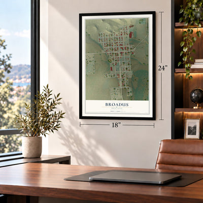 Broadus, Montana map, 18 x 24 inch print in a black frame in a home office