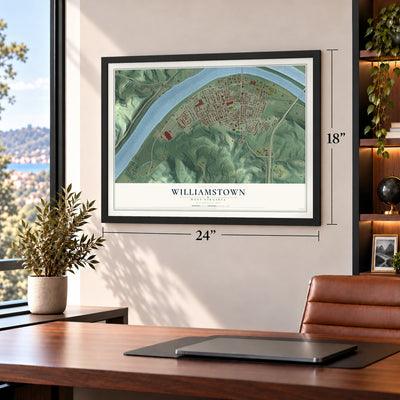 Williamstown, West Virginia map, 18 x 24 inch print in a black frame in a home office