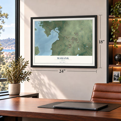 Mabank, Texas map, 18 x 24 inch print in a black frame in a home office