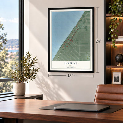 Lakeline, Ohio map, 18 x 24 inch print in a black frame in a home office