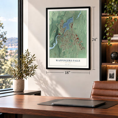 Wappingers Falls, New York map, 18 x 24 inch print in a black frame in a home office