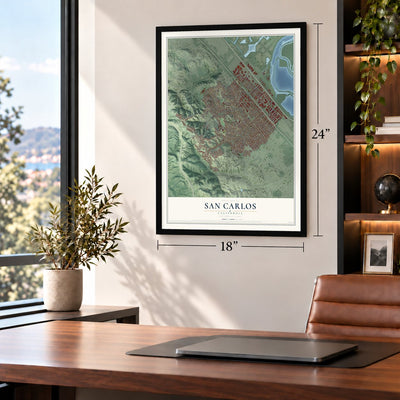 San Carlos, California map, 18 x 24 inch print in a black frame in a home office
