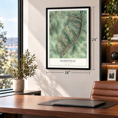 Banksville, Pennsylvania map, 18 x 24 inch print in a black frame in a home office