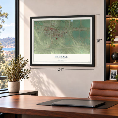 Kimball, Nebraska map, 18 x 24 inch print in a black frame in a home office