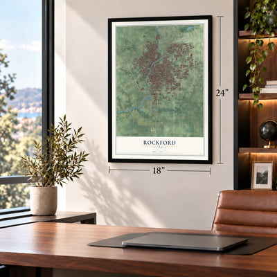 Rockford, Illinois map, 18 x 24 inch print in a black frame in a home office