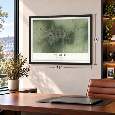 Trimble, Tennessee map, 18 x 24 inch print in a black frame in a home office
