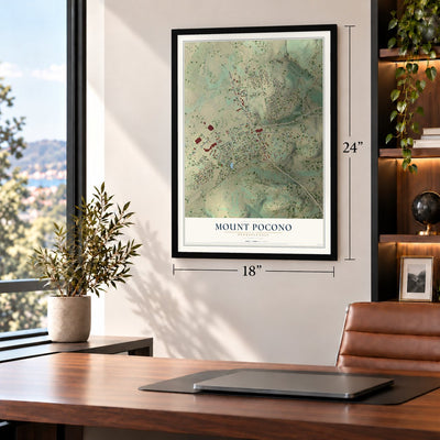 Mount Pocono, Pennsylvania map, 18 x 24 inch print in a black frame in a home office