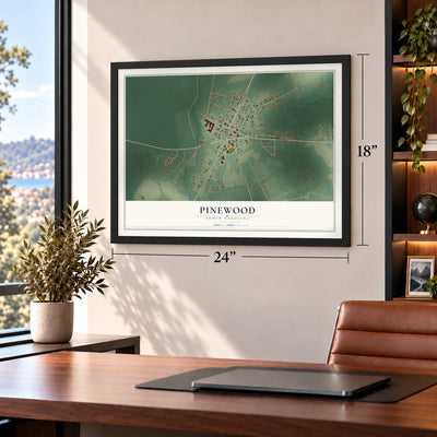 Pinewood, South Carolina map, 18 x 24 inch print in a black frame in a home office