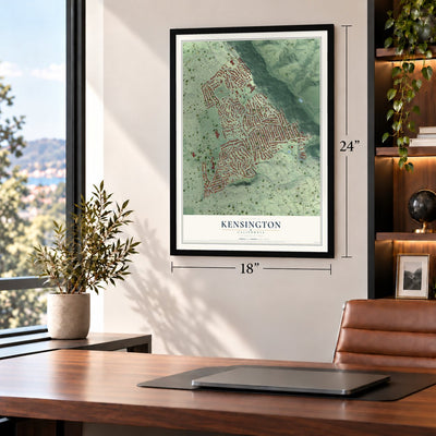 Kensington, California map, 18 x 24 inch print in a black frame in a home office