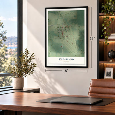 Wheatland, Missouri map, 18 x 24 inch print in a black frame in a home office