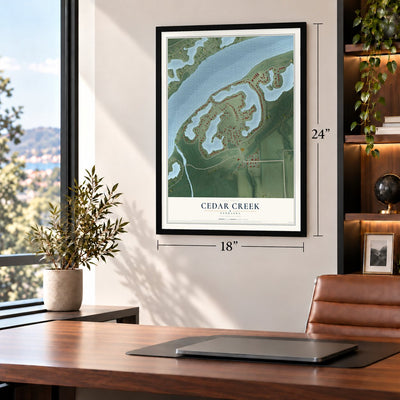 Cedar Creek, Nebraska map, 18 x 24 inch print in a black frame in a home office