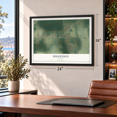 Higginson, Arkansas map, 18 x 24 inch print in a black frame in a home office