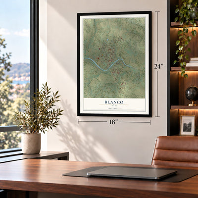 Blanco, Texas map, 18 x 24 inch print in a black frame in a home office