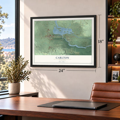 Carlton, Minnesota map, 18 x 24 inch print in a black frame in a home office