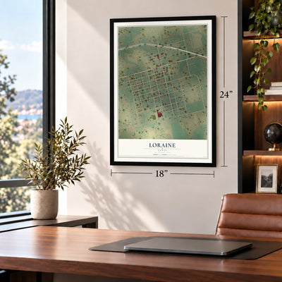 Loraine, Texas map, 18 x 24 inch print in a black frame in a home office
