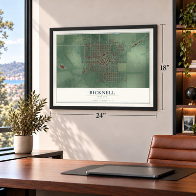 Bicknell, Indiana map, 18 x 24 inch print in a black frame in a home office