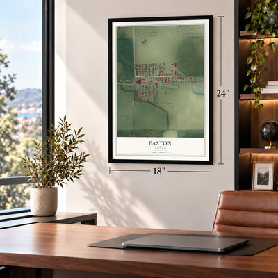 Easton, Illinois map, 18 x 24 inch print in a black frame in a home office
