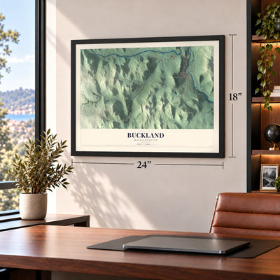 Buckland, Massachusetts map, 18 x 24 inch print in a black frame in a home office