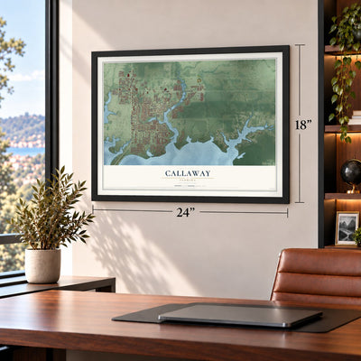 Callaway, Florida map, 18 x 24 inch print in a black frame in a home office