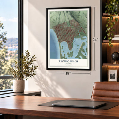 Pacific Beach, California map, 18 x 24 inch print in a black frame in a home office
