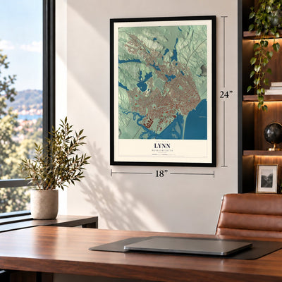 Lynn, Massachusetts map, 18 x 24 inch print in a black frame in a home office