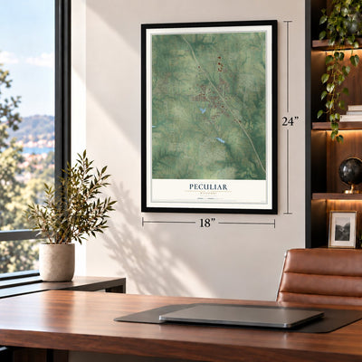 Peculiar, Missouri map, 18 x 24 inch print in a black frame in a home office