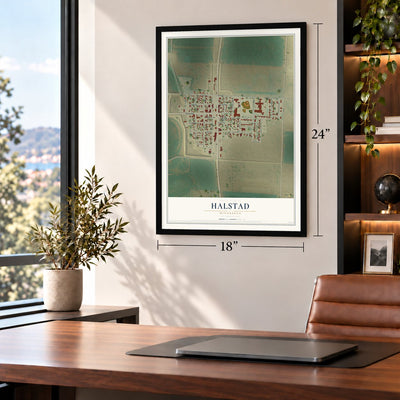 Halstad, Minnesota map, 18 x 24 inch print in a black frame in a home office